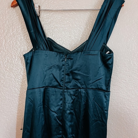 Stunning Arrival Dark Teal Satin Off-The-Shoulder Maxi Dress - Picture 4 of 5